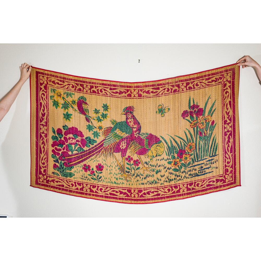 Vintage Handpainted Woven Grasscloth Wall Art, Mat, Florals Tropical Rooster, XL